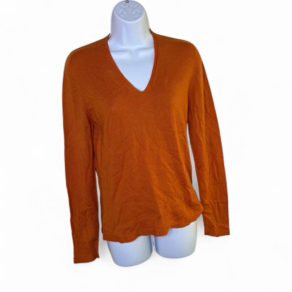 Hawick Scotland Luxury Merino Silk Cashmere V-Neck Sweater Orange Fits Med